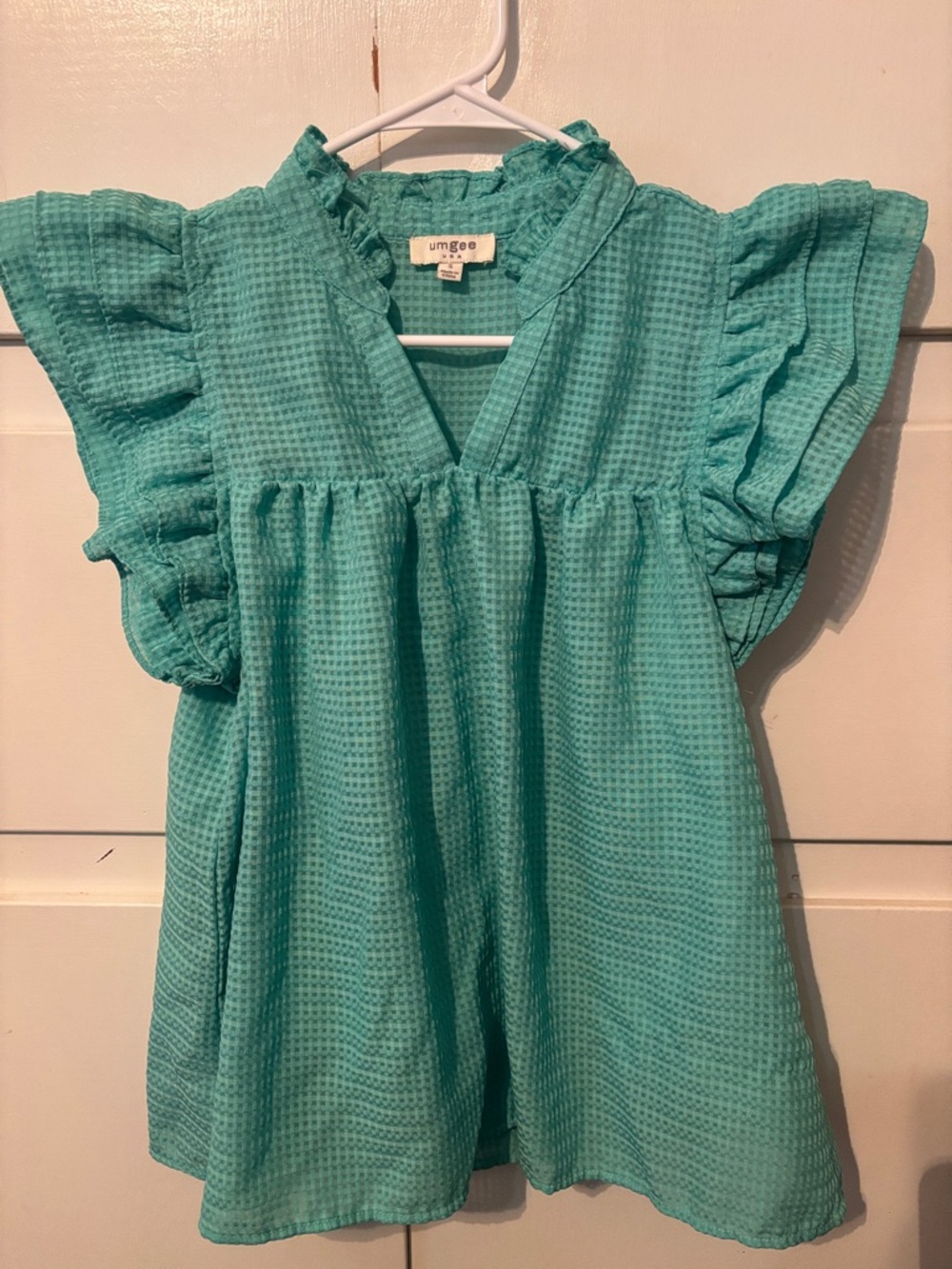 Umgee Aqua Ruffle Sleeve V-Neck Blouse